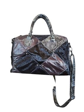 Acacia Diamond Stitch Metallic Black Pewter Leather Vintage Crossbody Satchel